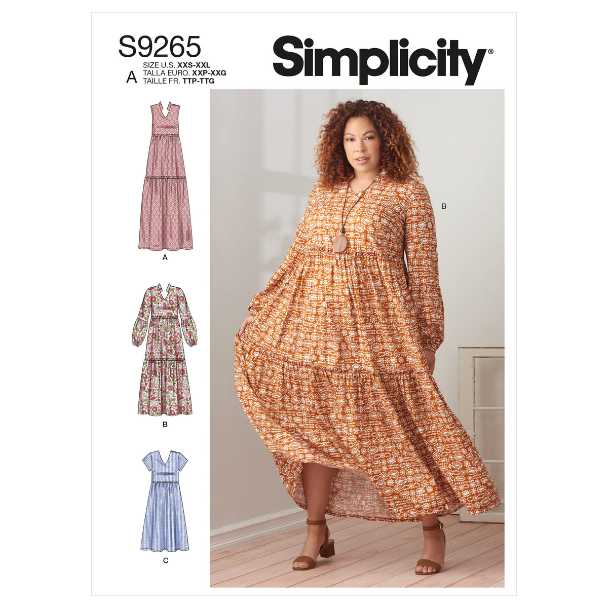 Simplicity sewing pattern S9265 envelope showing a tiered dress