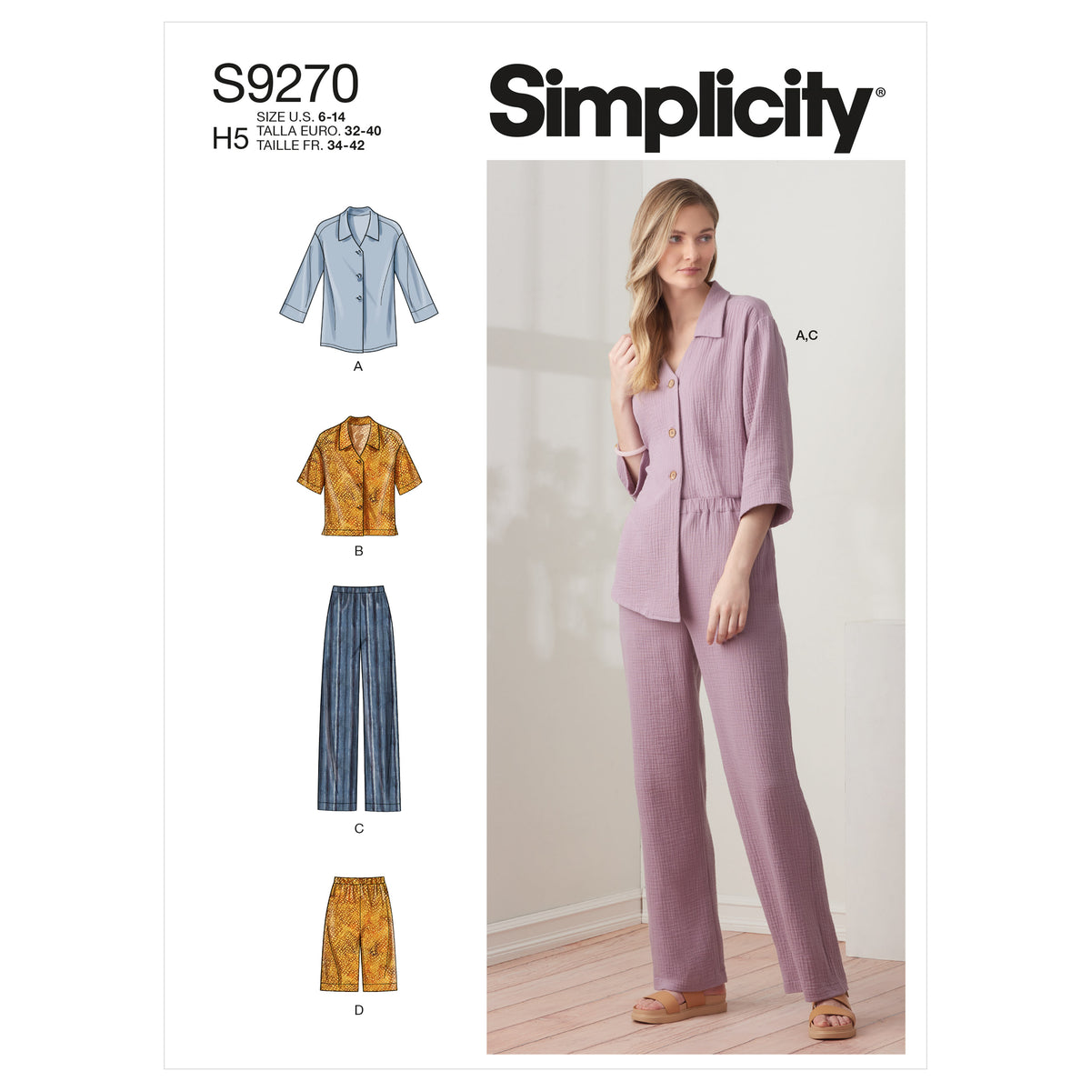 Simplicity sewing pattern S9270 envelope showing a shirt with trousers or shorts