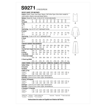 Simplicity sewing pattern S9271 envelope showing a jacket, tank top and trousers