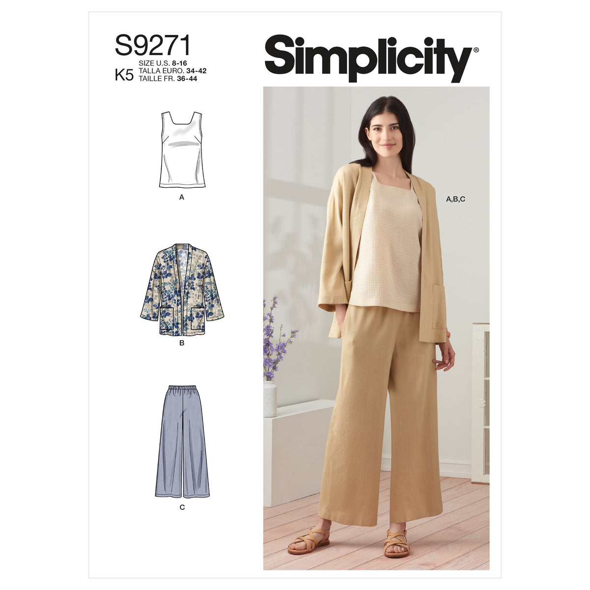 Simplicity sewing pattern S9271 envelope showing a jacket, tank top and trousers