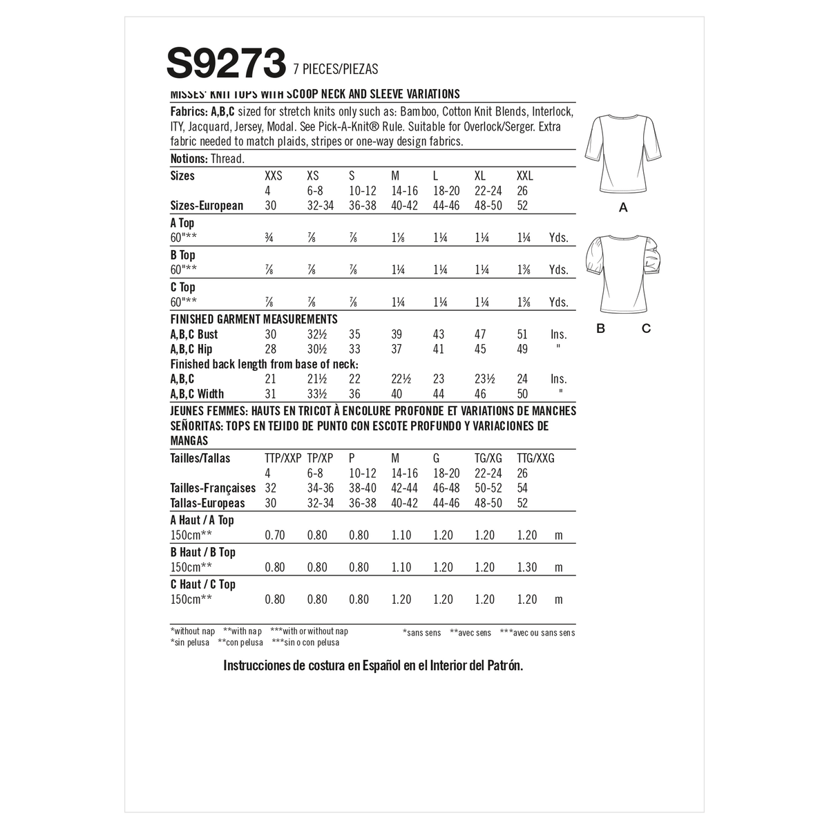 Simplicity sewing pattern S9273 envelope showing knit tops