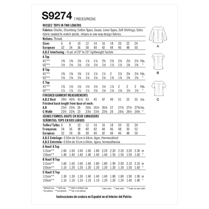 Simplicity sewing pattern S9274 envelope showing drop shoulder tops