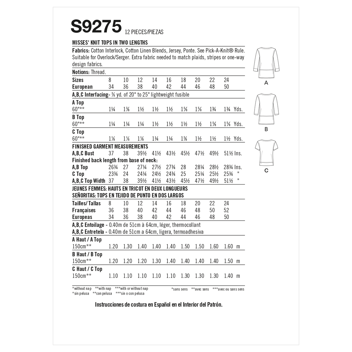 Simplicity sewing pattern S9275 envelope showing princess seam tops