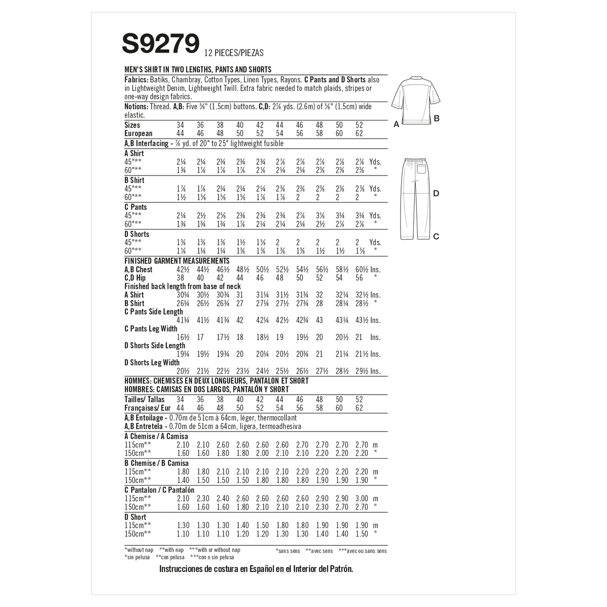 Simplicity sewing pattern S9279 envelope showing a shirt with trousers or shorts