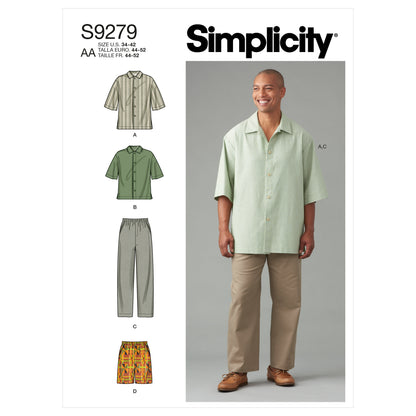 Simplicity sewing pattern S9279 envelope showing a shirt with trousers or shorts