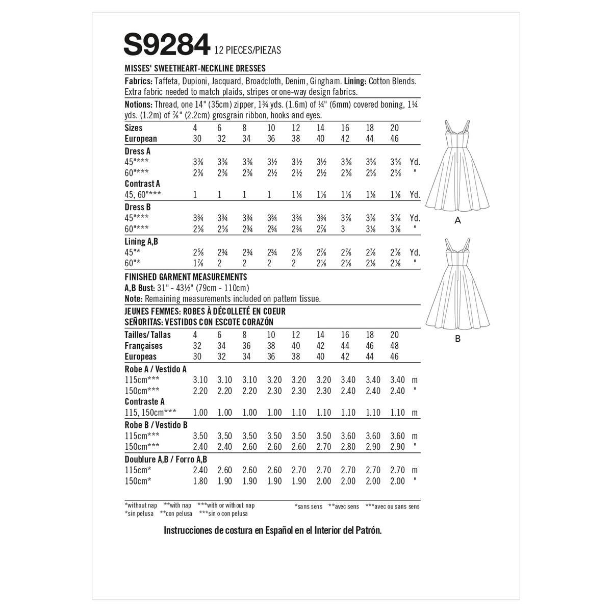 Simplicity sewing pattern S9284 envelope showing a boned bodice dress