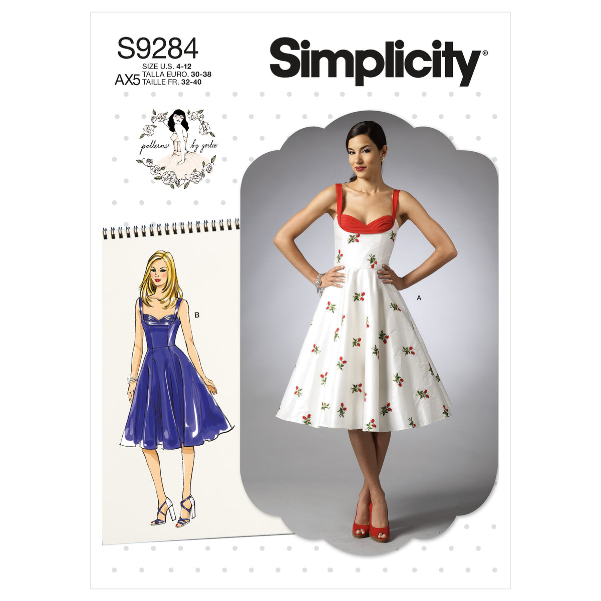 Simplicity sewing pattern S9284 envelope showing a boned bodice dress