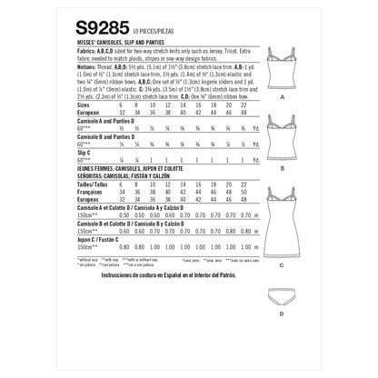 Simplicity sewing pattern S9285 envelope showing camisoles, a slip and knickers