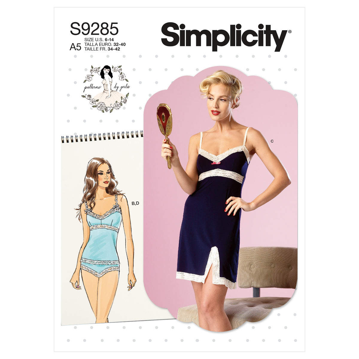 Simplicity sewing pattern S9285 envelope showing camisoles, a slip and knickers