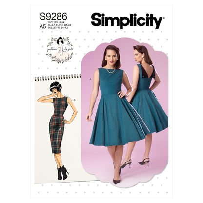 Simplicity sewing pattern S9286 envelope showing a lined bodice dress