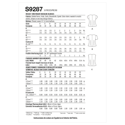 Simplicity sewing pattern S9287 envelope showing a button-down blouse