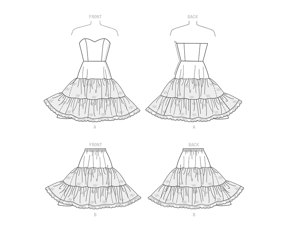 Simplicity sewing pattern S9293 envelope showing a boned bodice with ruffled skirt