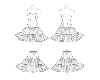Simplicity sewing pattern S9293 envelope showing a boned bodice with ruffled skirt