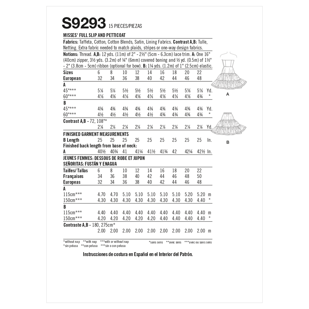 Simplicity sewing pattern S9293 envelope showing a boned bodice with ruffled skirt