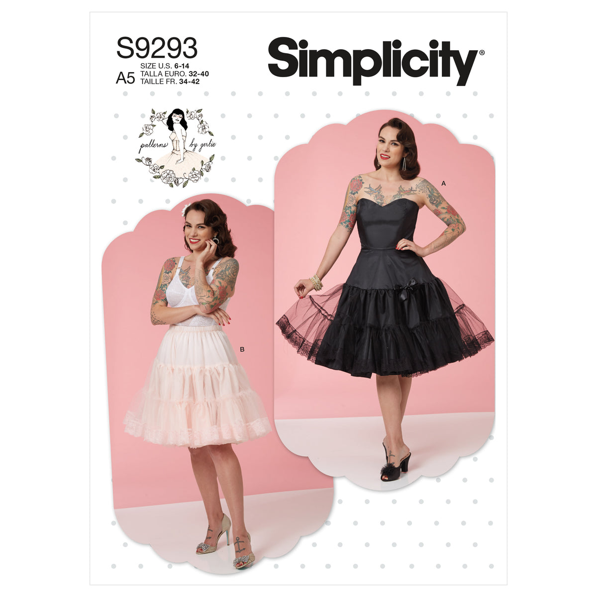 Simplicity sewing pattern S9293 envelope showing a boned bodice with ruffled skirt