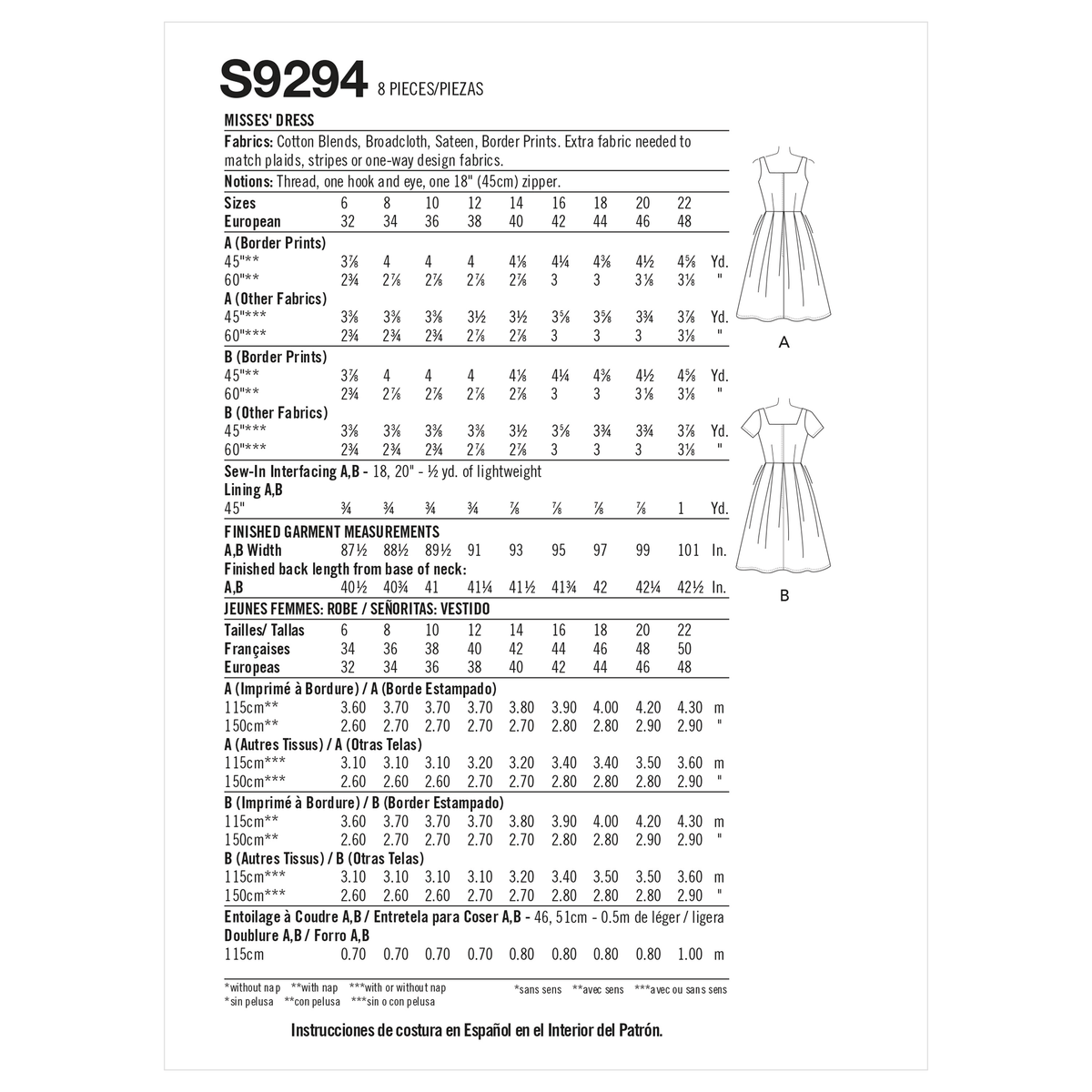 Simplicity sewing pattern S9294 envelope showing a pleated skirt dress