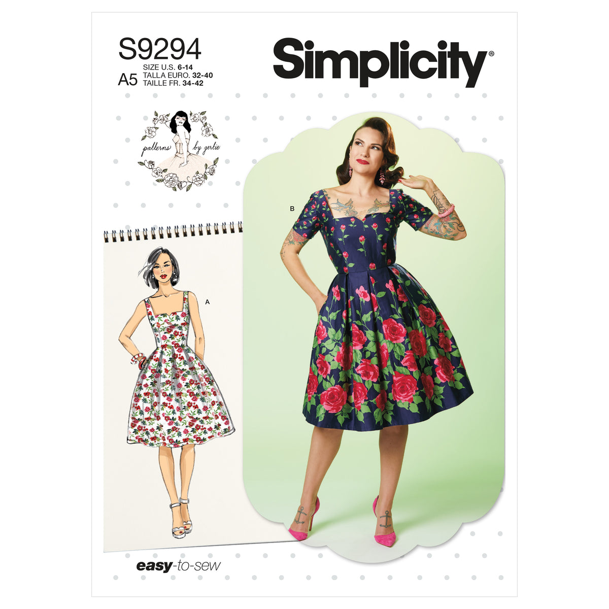 Simplicity sewing pattern S9294 envelope showing a pleated skirt dress