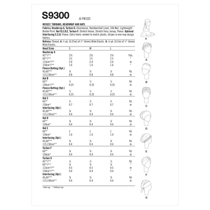 Simplicity S9300 sewing pattern envelope showing turbans, headwraps & hats designs