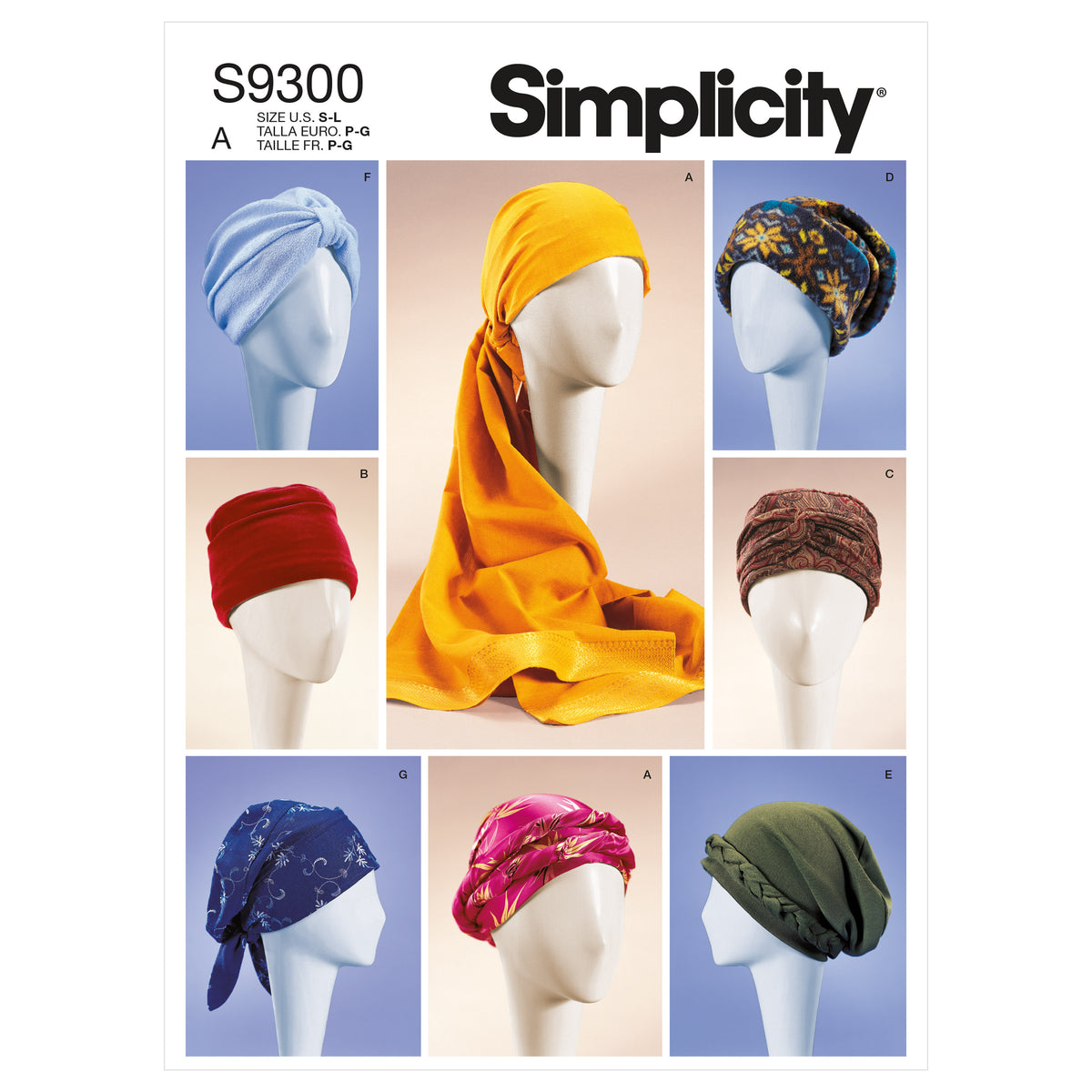 Simplicity S9300 sewing pattern envelope showing turbans, headwraps & hats designs
