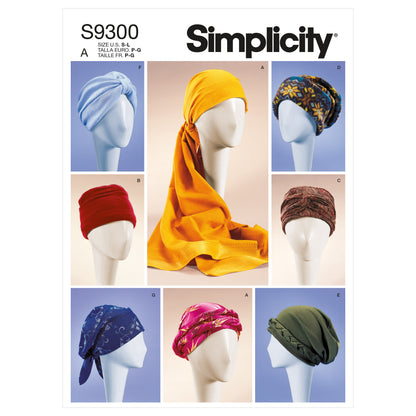 Simplicity S9300 sewing pattern envelope showing turbans, headwraps & hats designs