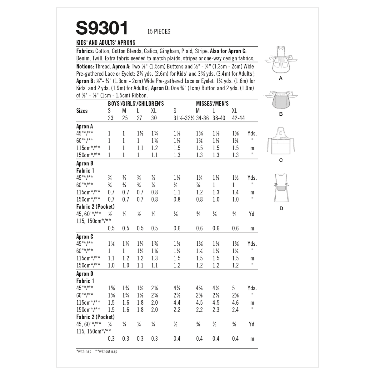 Simplicity S9301 sewing pattern envelope showing family aprons designs