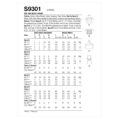 Simplicity S9301 sewing pattern envelope showing family aprons designs