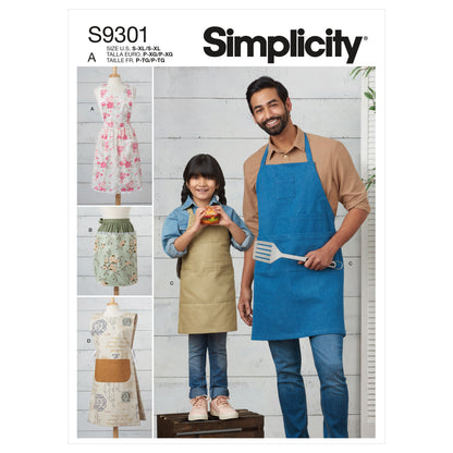 Simplicity S9301 sewing pattern envelope showing family aprons designs