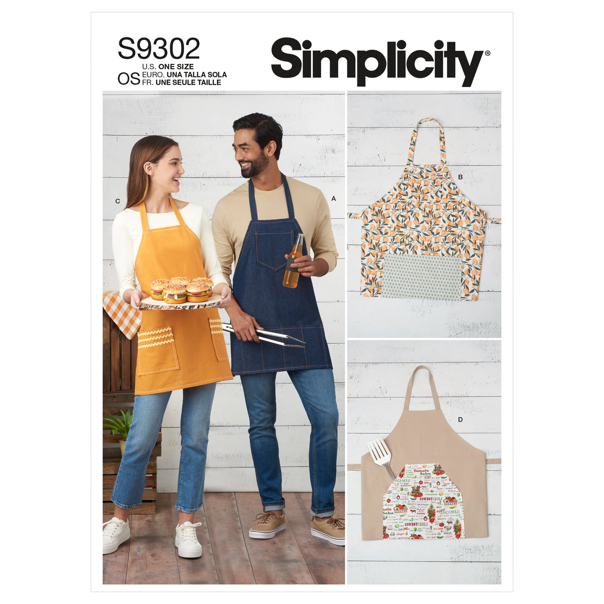 Simplicity S9302 sewing pattern envelope showing unisex bbq apron designs