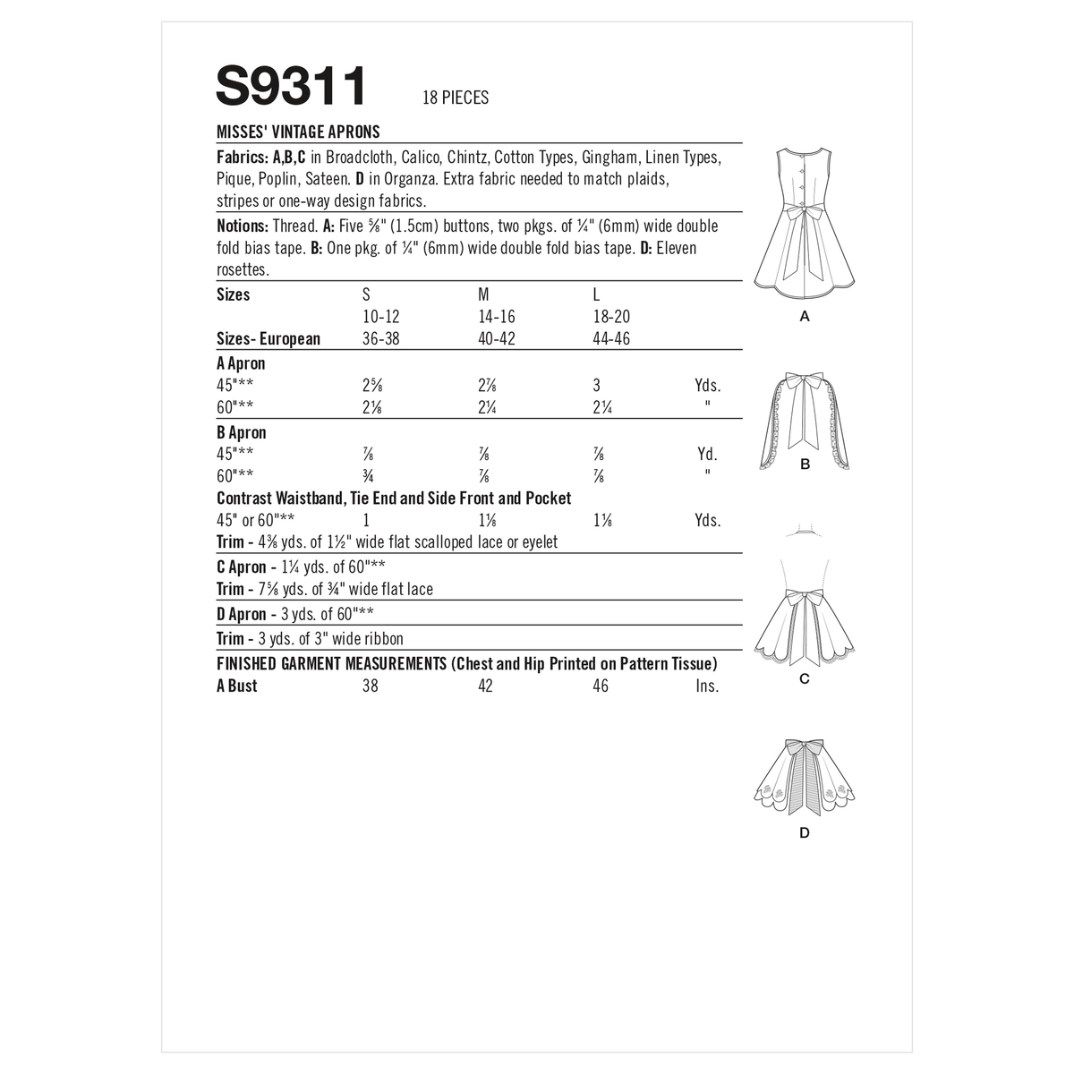 Simplicity S9311 sewing pattern envelope showing 1950s style aprons designs