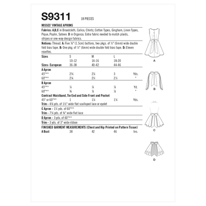 Simplicity S9311 sewing pattern envelope showing 1950s style aprons designs