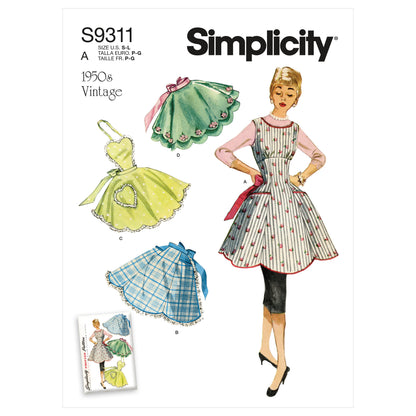 Simplicity S9311 sewing pattern envelope showing 1950s style aprons designs
