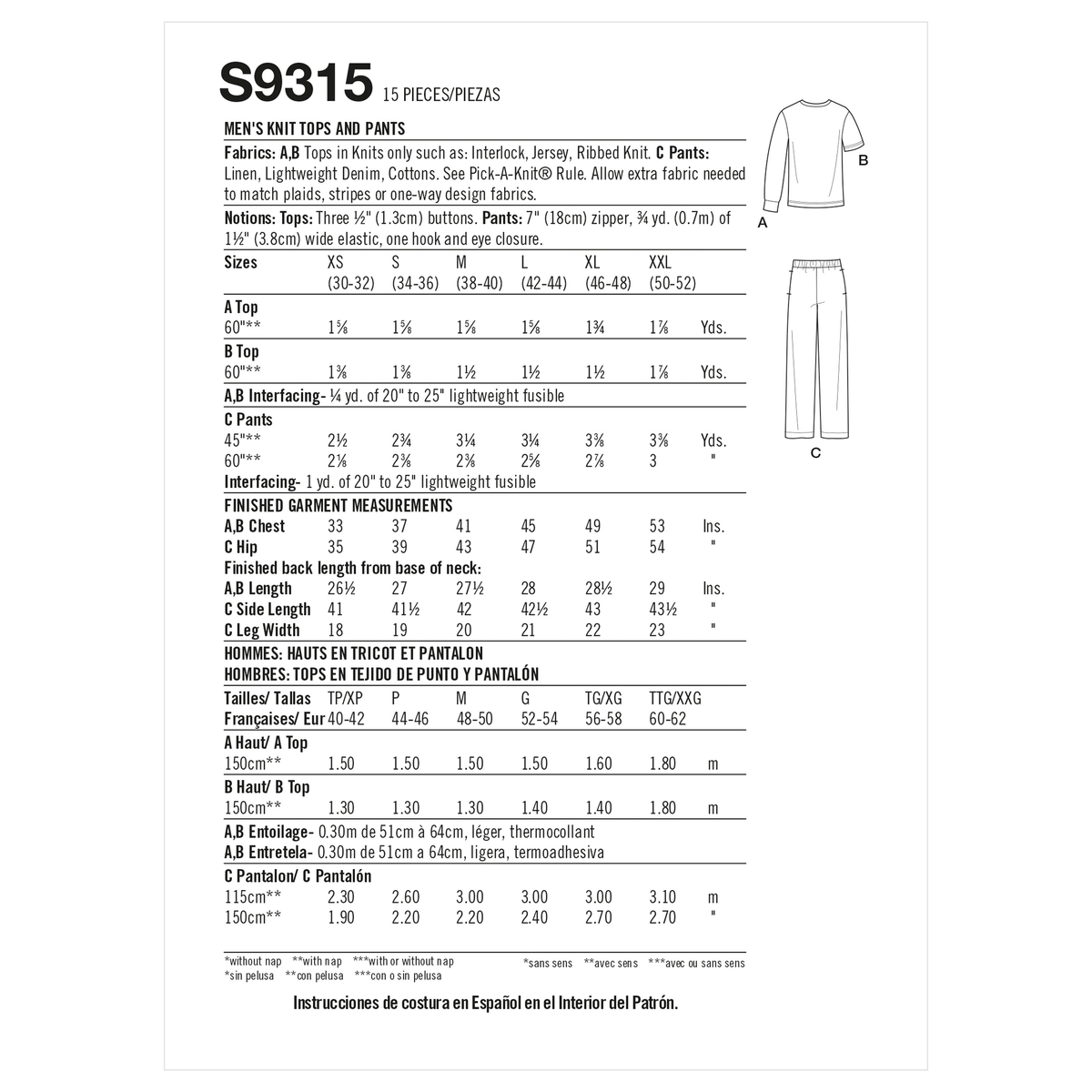 Simplicity S9315 sewing pattern envelope showing men's & boys' casual wear designs