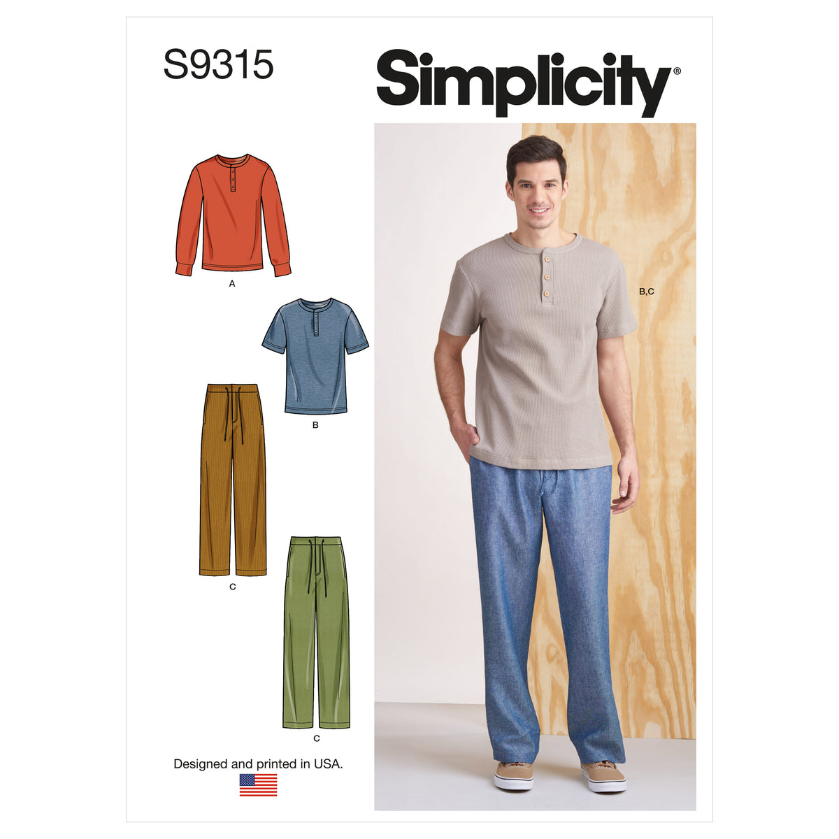Simplicity S9315 sewing pattern envelope showing men's & boys' casual wear designs