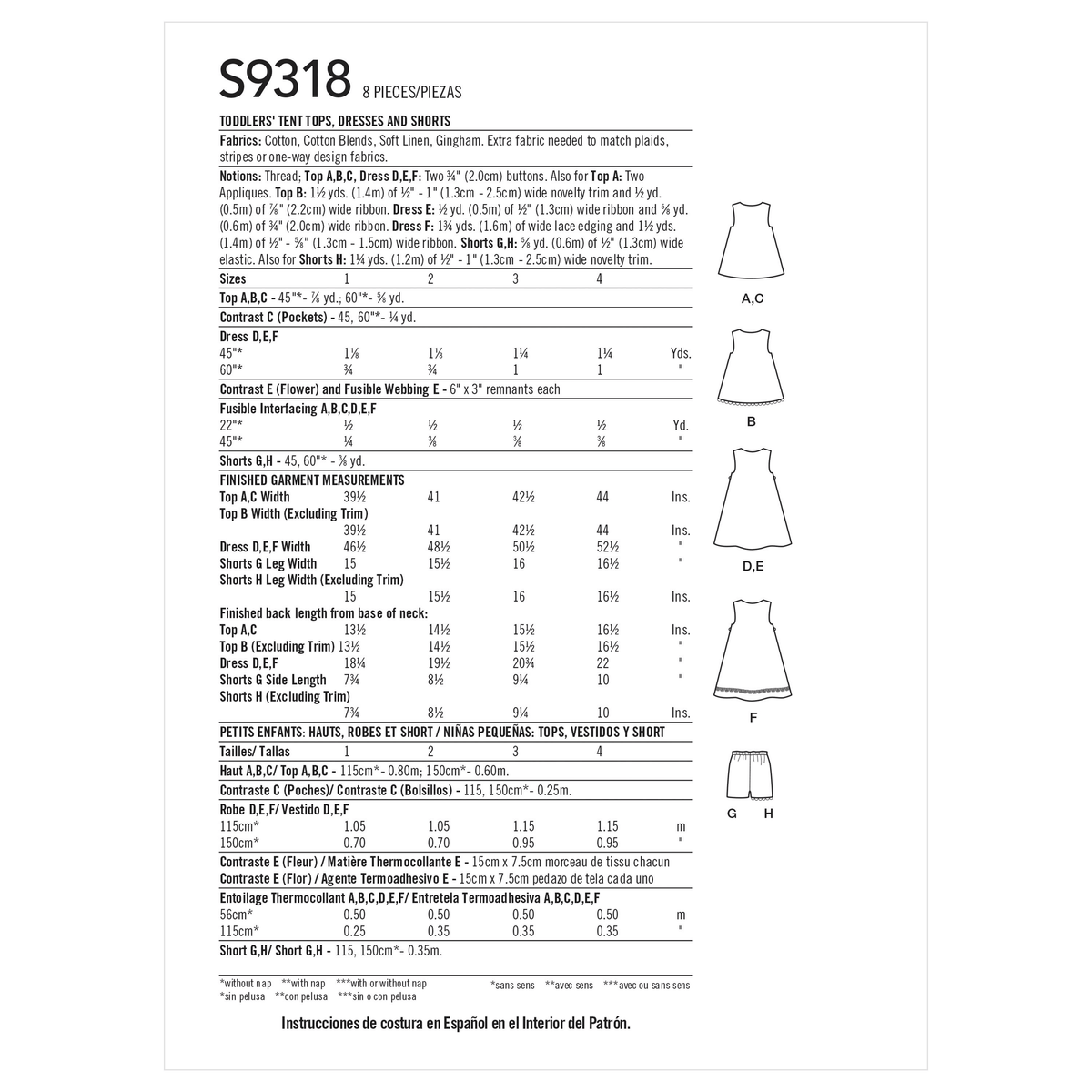 Simplicity S9318 sewing pattern envelope showing toddler casual wear designs