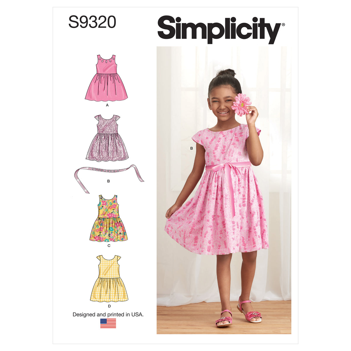 Simplicity S9320 sewing pattern envelope showing child's dress designs