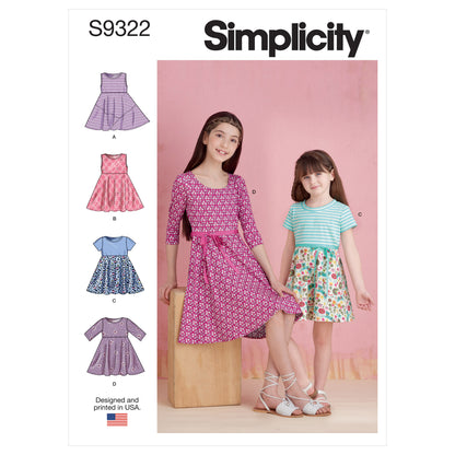 Simplicity S9322 sewing pattern envelope showing girls' dress designs