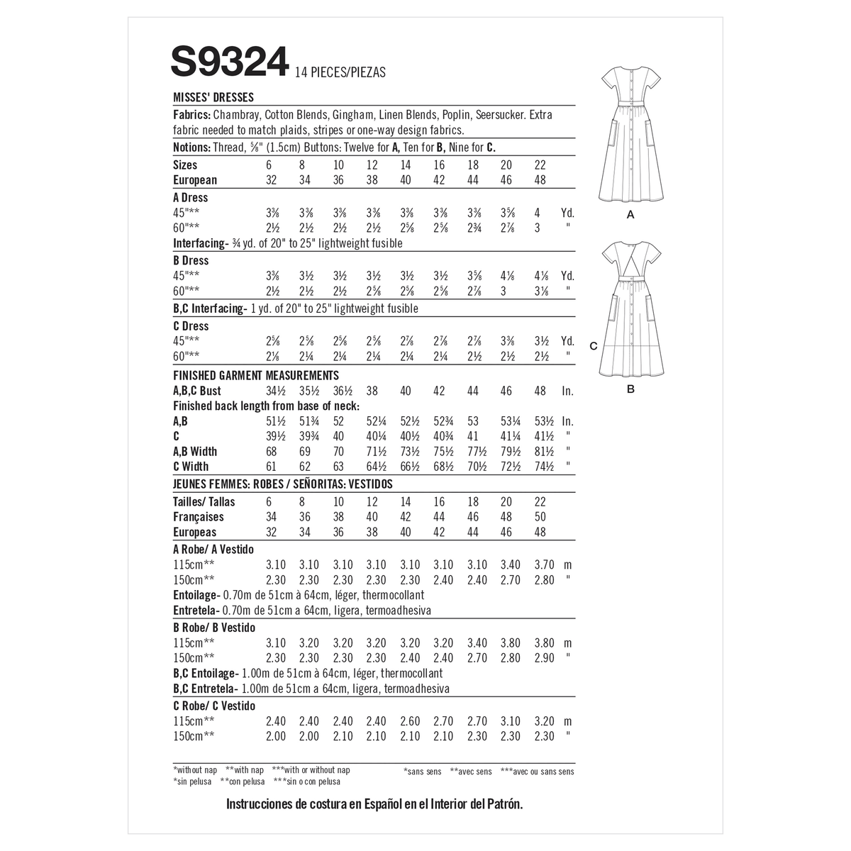 Simplicity S9324 sewing pattern envelope showing misses' dress designs