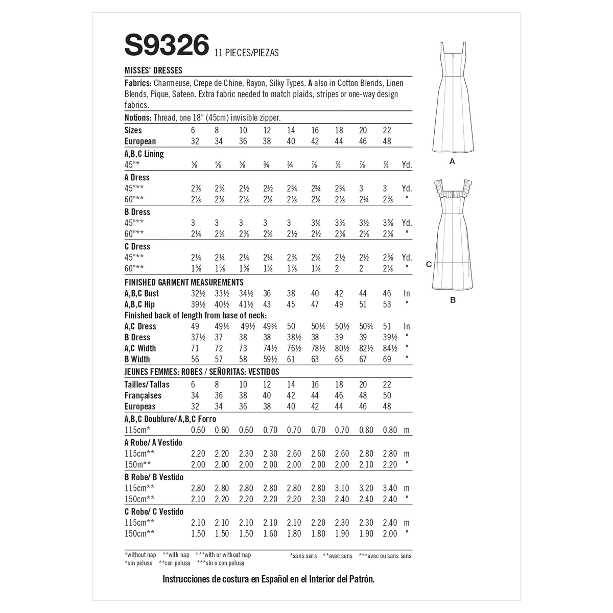 Simplicity S9326 sewing pattern envelope showing misses' dress designs