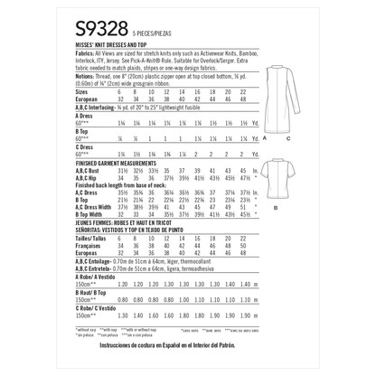 Simplicity S9328 sewing pattern envelope showing misses' knit dress & top designs