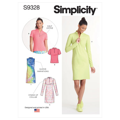 Simplicity S9328 sewing pattern envelope showing misses' knit dress & top designs