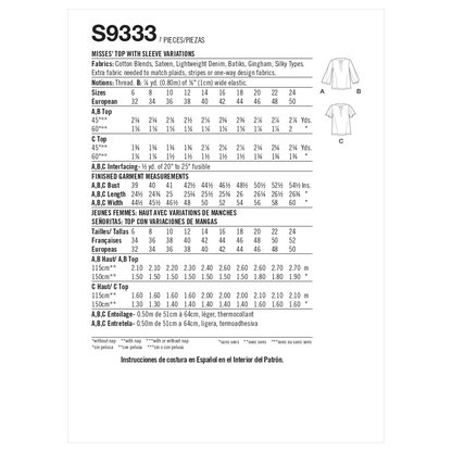 Simplicity S9333 sewing pattern envelope showing misses' top designs