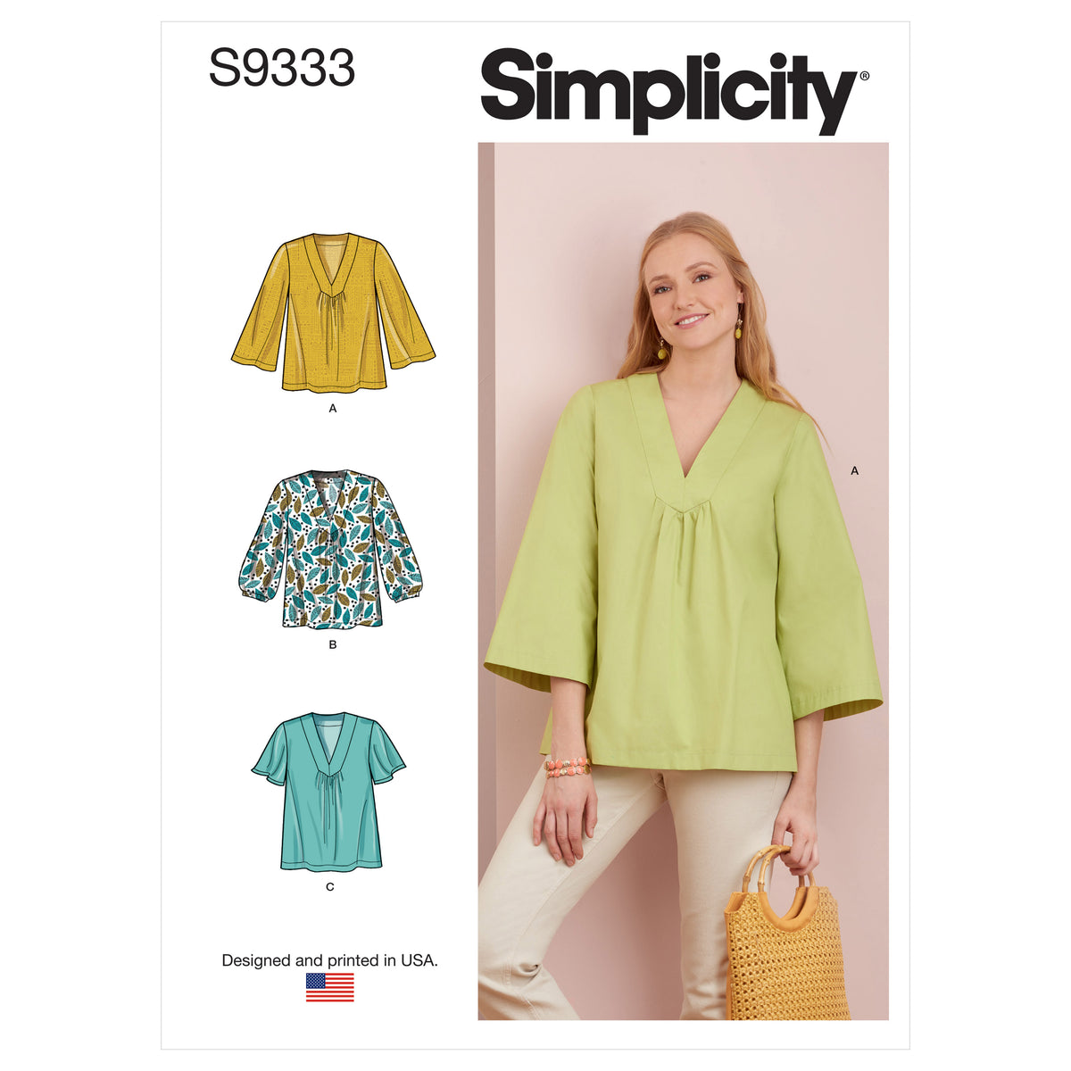 Simplicity S9333 sewing pattern envelope showing misses' top designs