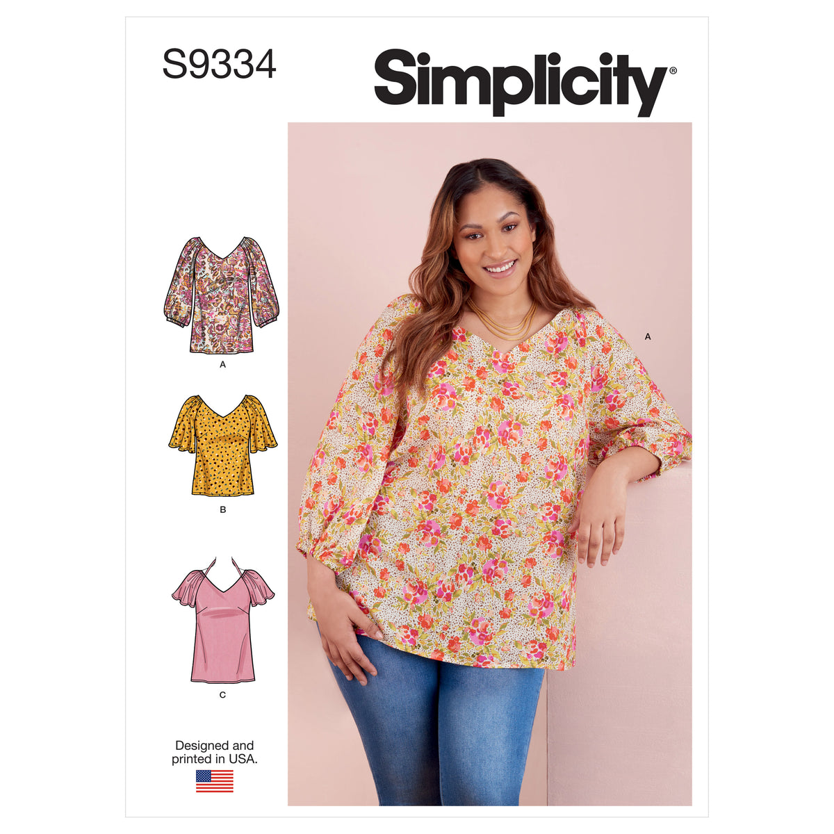 Simplicity S9334 sewing pattern envelope showing misses' & women's top designs