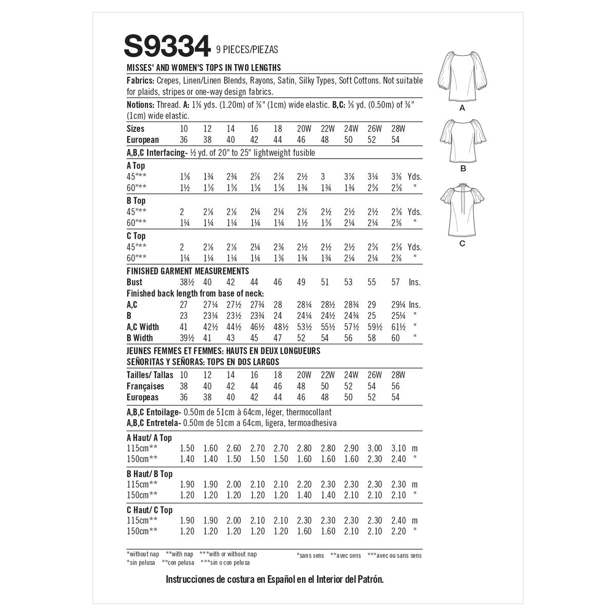 Simplicity S9334 sewing pattern envelope showing women's V-neck tops