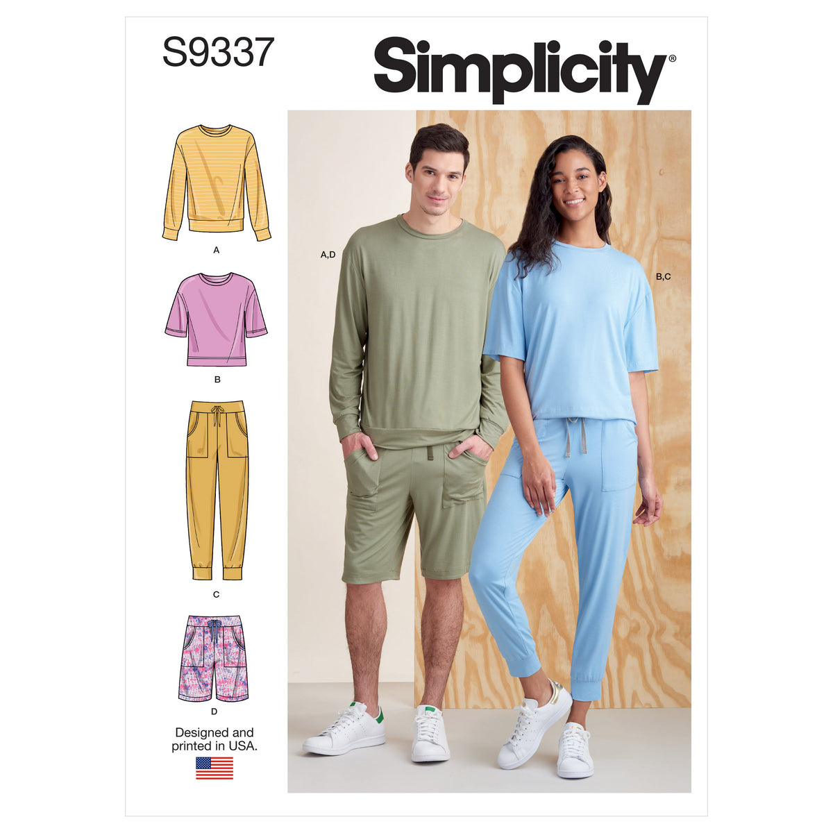 Simplicity S9337 sewing pattern envelope showing unisex casual outfits