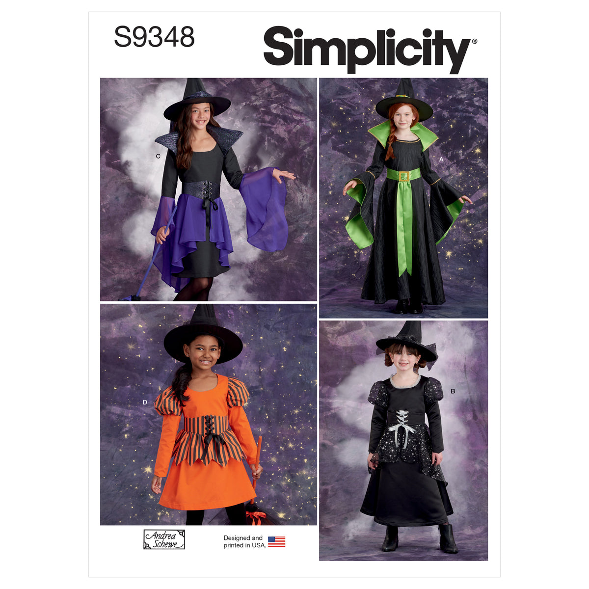 Simplicity S9348 sewing pattern envelope showing four children dressed in witch costumes and hats