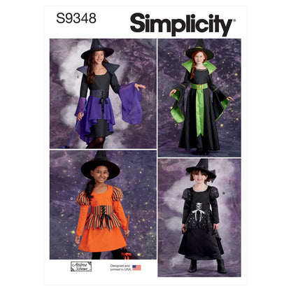 Simplicity S9348 sewing pattern envelope showing four children dressed in witch costumes and hats