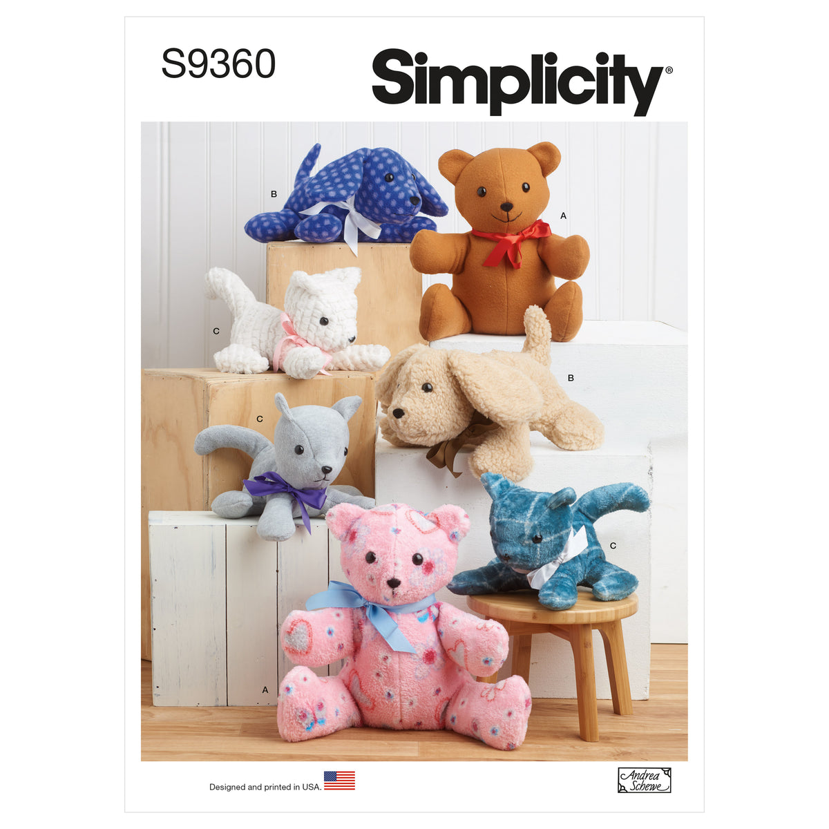 Simplicity S9360 sewing pattern envelope showing plush bear, puppy and kitten soft toys