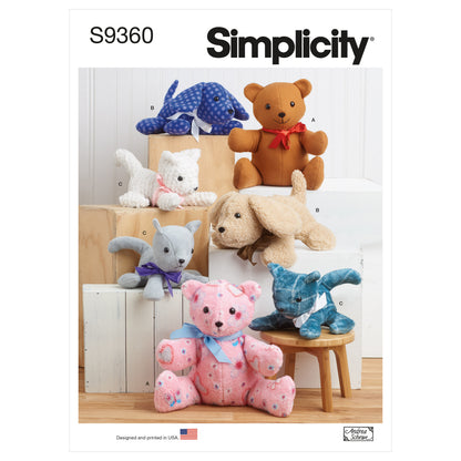 Simplicity S9360 sewing pattern envelope showing plush bear, puppy and kitten soft toys
