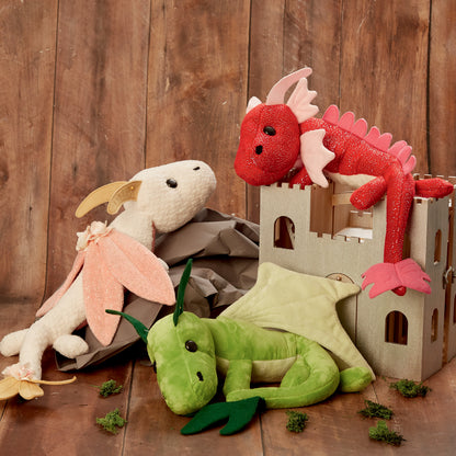 Simplicity S9363 sewing pattern envelope showing green, red and cream plush dragon soft toys